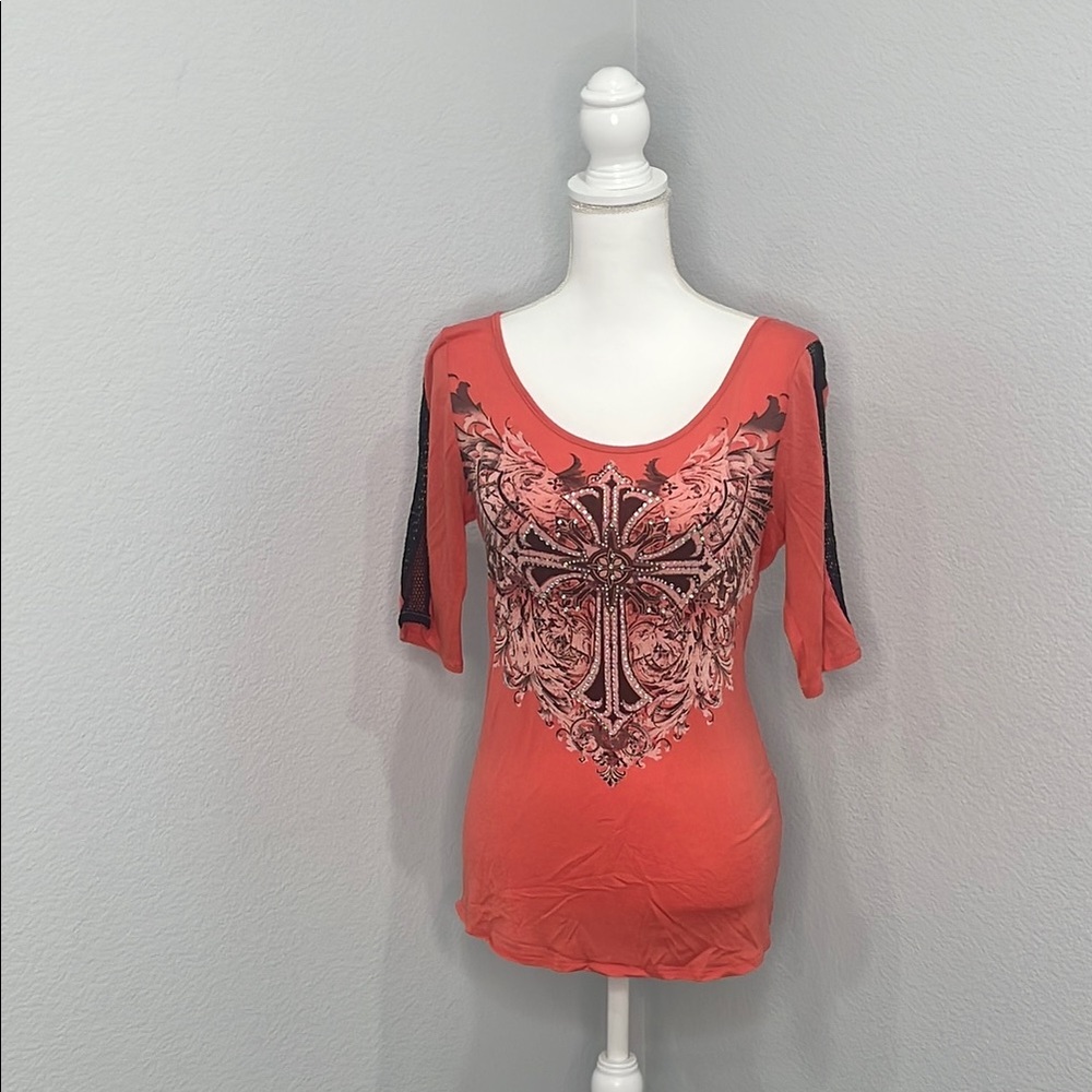Fitted Orange Graphic 3/4 Sleeve Blouse